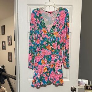 Lilly Pulitzer Pink and Blue Fit and Flare romper with Bishop Sleeves